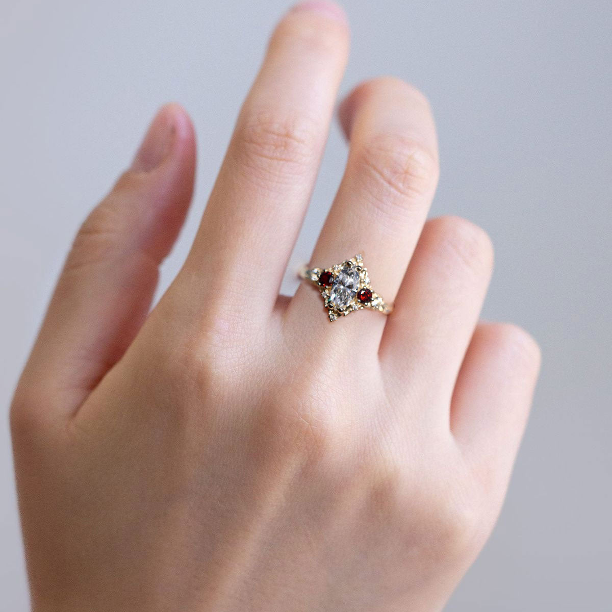 Unique Briar Rose Three Stone Marquise Moissanite and Lab Ruby 18K Yellow Gold Ring