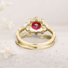 Unique floral engagement rings Hexagon Lab Ruby 18K Yellow Gold Engagement Ring set Promise Proposal Ring set