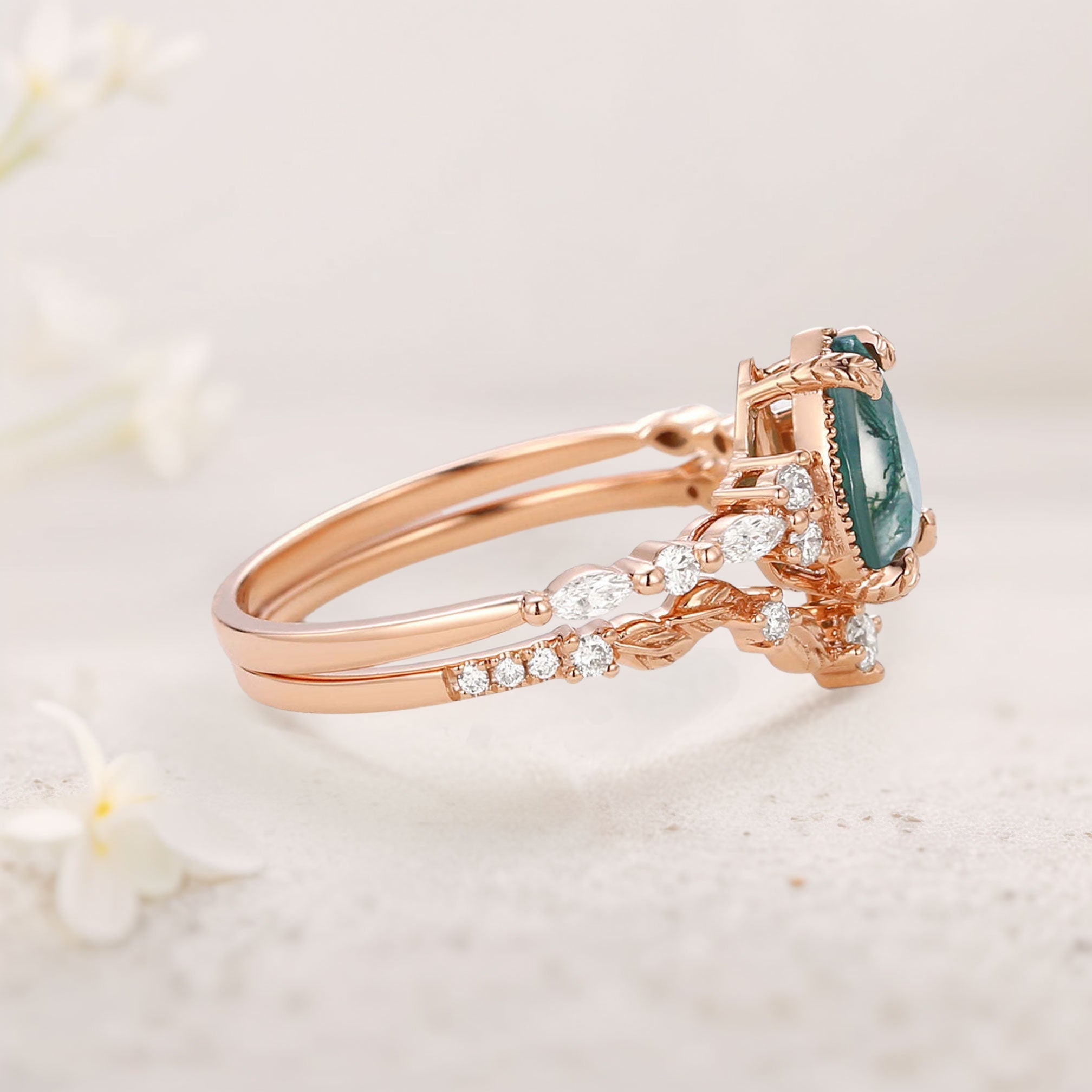 Vintage floral engagement rings Pear Moss Agate Leafy 18K Rose Gold Engagement Ring Set