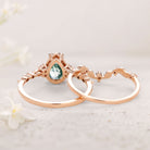 Vintage floral engagement rings Pear Moss Agate Leafy 18K Rose Gold Engagement Ring Set
