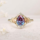 Unique Pear Lab Alexandrite Leaf Ring 18K Yellow Gold Engagement Ring