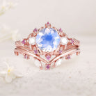 Unique floral engagement rings Round Lab Moonstone and Moissanite 18K Rose Gold Ring Set