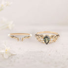 Unique floral engagement rings Pear Green Lab Sapphire 18K Yellow Gold engagement ring with Moissanite Wedding Set