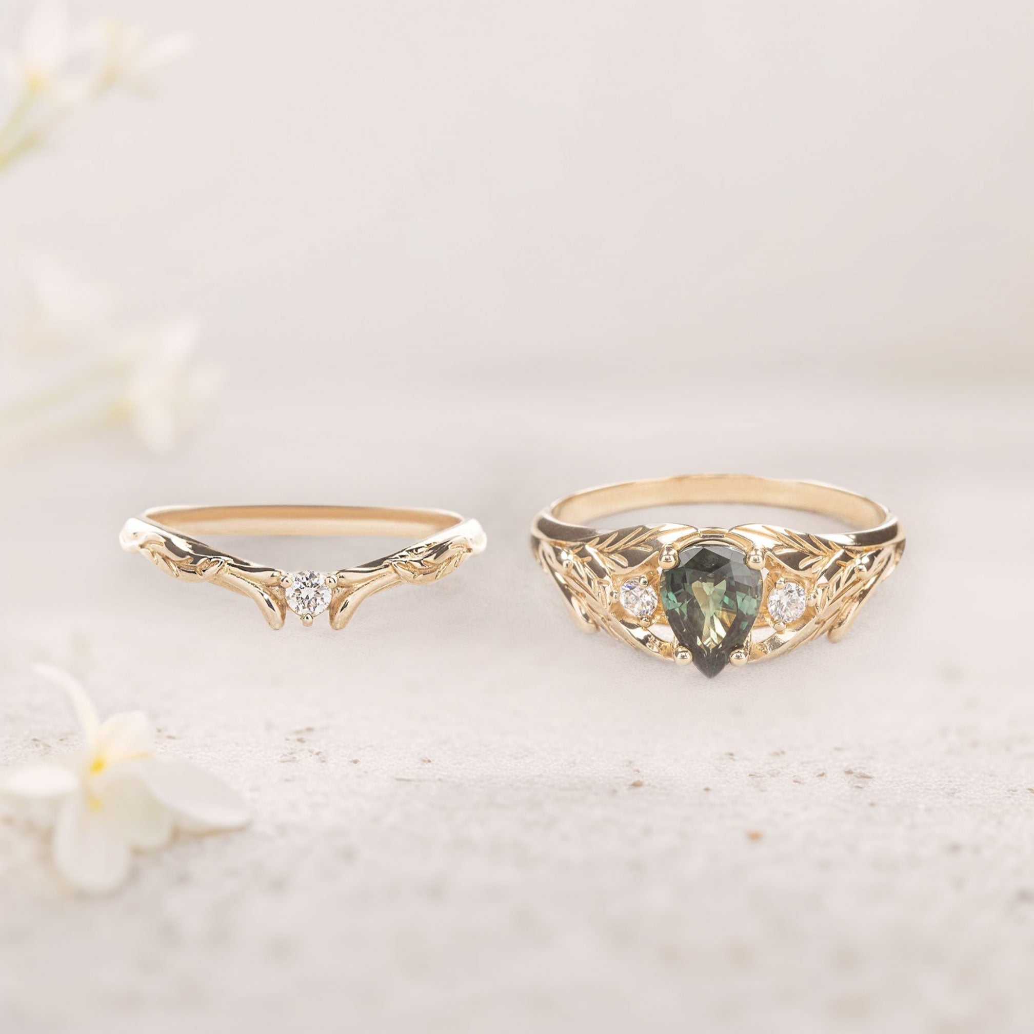 Unique floral engagement rings Pear Green Lab Sapphire 18K Yellow Gold engagement ring with Moissanite Wedding Set