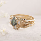 Unique floral engagement rings Pear Green Lab Sapphire 18K Yellow Gold engagement ring with Moissanite Wedding Set