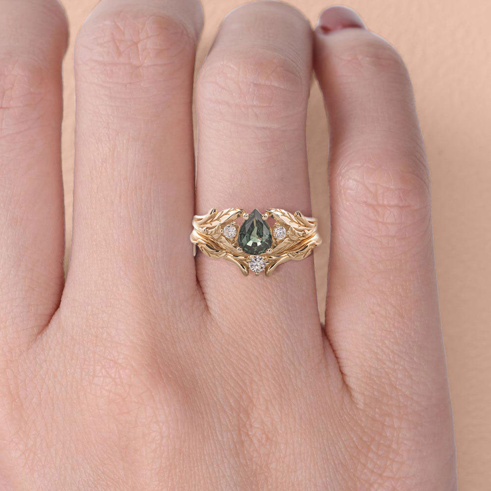 Unique floral engagement rings Pear Green Lab Sapphire 18K Yellow Gold engagement ring with Moissanite Wedding Set