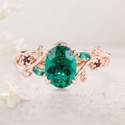 Unique Oval Lab Emerald 18K Yellow Gold Engagement Ring with Lab Ruby Accents