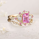 Unique Emerald Cut Lab Padparadscha Floral 18K Yellow Gold Engagement Ring Set