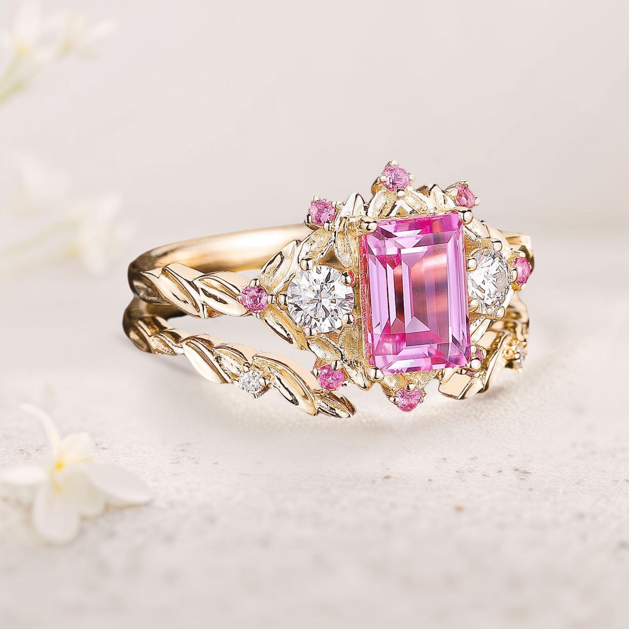 Unique Emerald Cut Lab Padparadscha Floral 18K Yellow Gold Engagement Ring Set