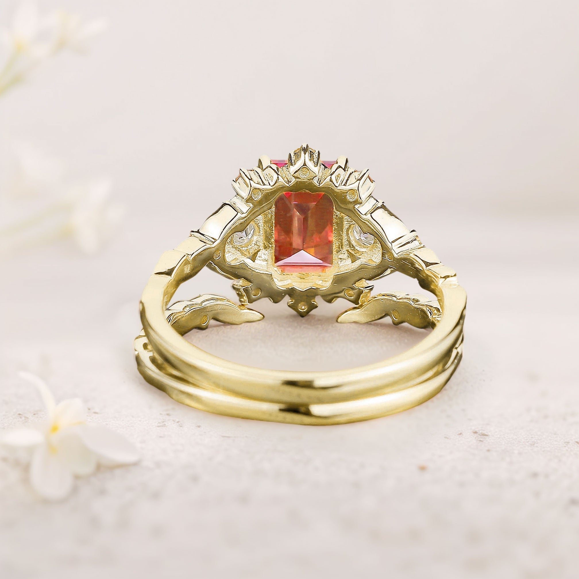 Unique Emerald Cut Lab Padparadscha Floral 18K Yellow Gold Engagement Ring Set
