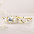 Unique Round Gray Moissanite Leaf Engagement Ring Set Bridal Promise Ring Moissanite 18K Yellow Gold Cluster Flower Wedding Band