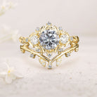 Unique Round Gray Moissanite Leaf Engagement Ring Set Bridal Promise Ring Moissanite 18K Yellow Gold Cluster Flower Wedding Band