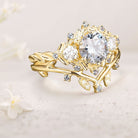 Unique Round Gray Moissanite Leaf Engagement Ring Set Bridal Promise Ring Moissanite 18K Yellow Gold Cluster Flower Wedding Band