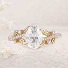 Unique Oval Moissanite Leafy 18K Yellow Gold Engagement Ring