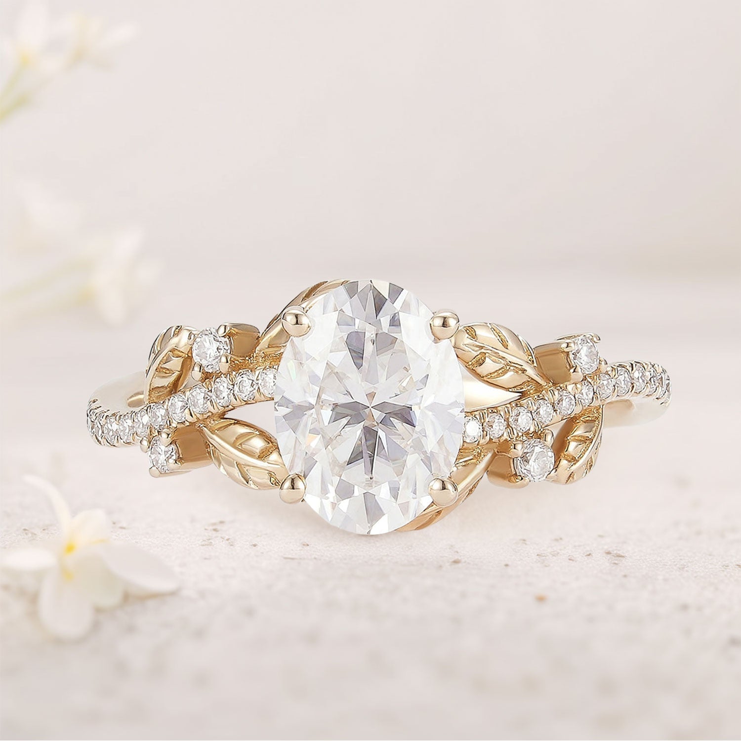 Unique Oval Moissanite Leafy 18K Yellow Gold Engagement Ring