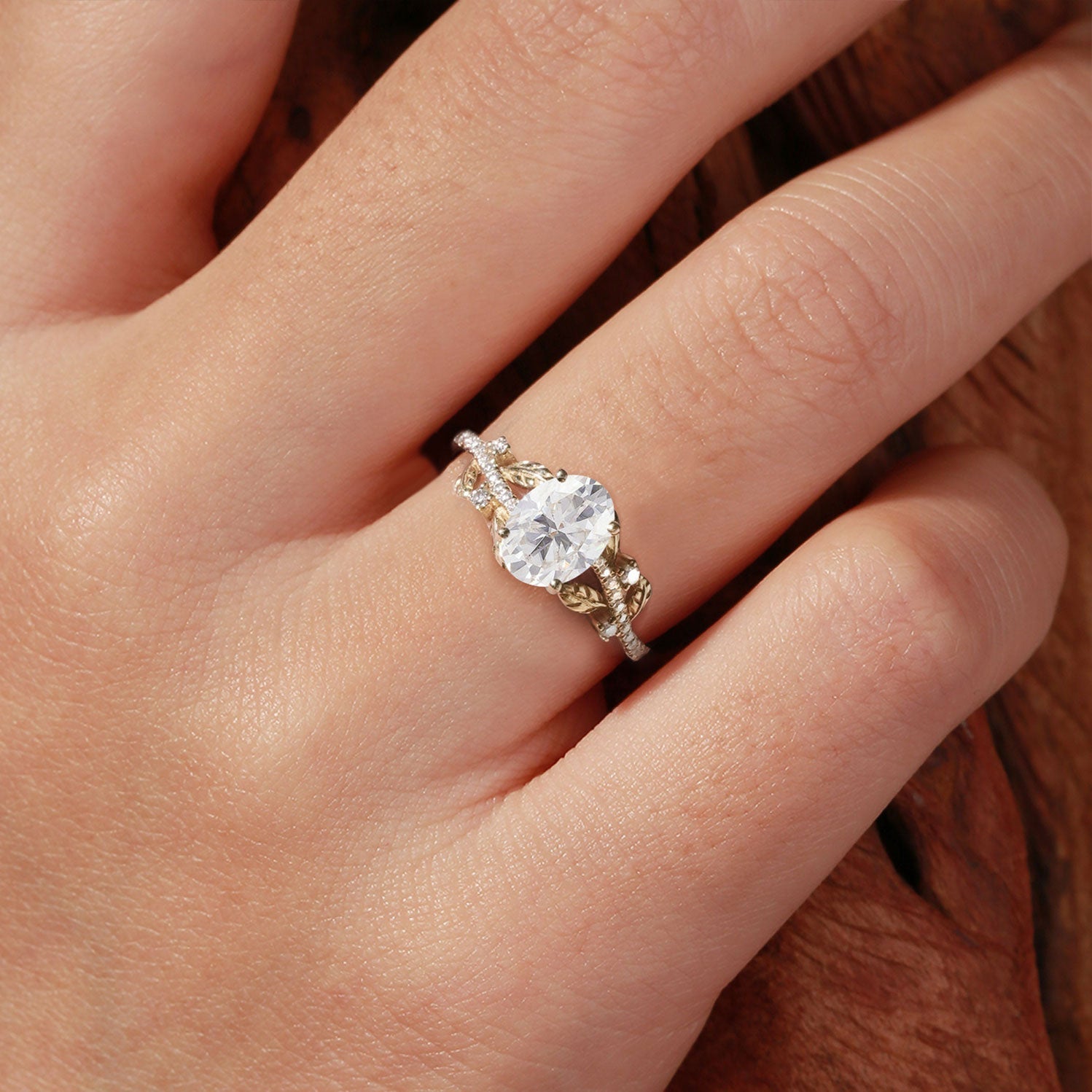 Unique Oval Moissanite Leafy 18K Yellow Gold Engagement Ring