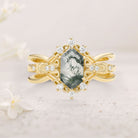 Vintage floral engagement rings Long Hexagon Moss Agate 18K Yellow Gold Wedding Ring Set