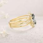 Vintage floral engagement rings Long Hexagon Moss Agate 18K Yellow Gold Wedding Ring Set