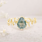 Unique floral engagement ringsPear Moss Agate Leaf 18K Yellow Gold Engagement Ring Mystical Garden Bridal Ring Promise Ring