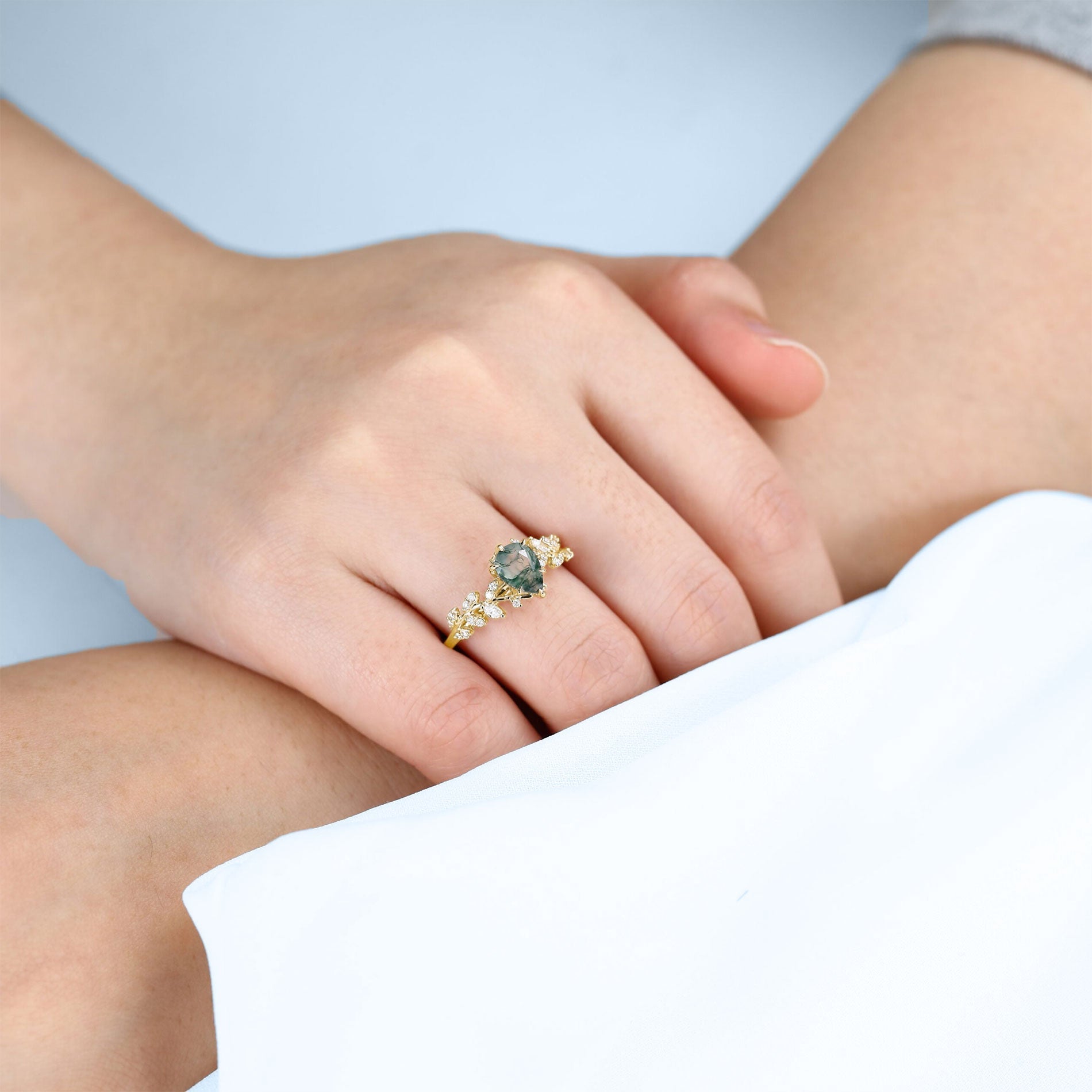 Unique floral engagement ringsPear Moss Agate Leaf 18K Yellow Gold Engagement Ring Mystical Garden Bridal Ring Promise Ring