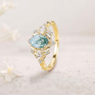 Unique floral engagement rings Oval Moss Agate Fairy 18K Yellow Gold Engagement Ring Art Deco Blue Topaz Cluster Wedding Ring