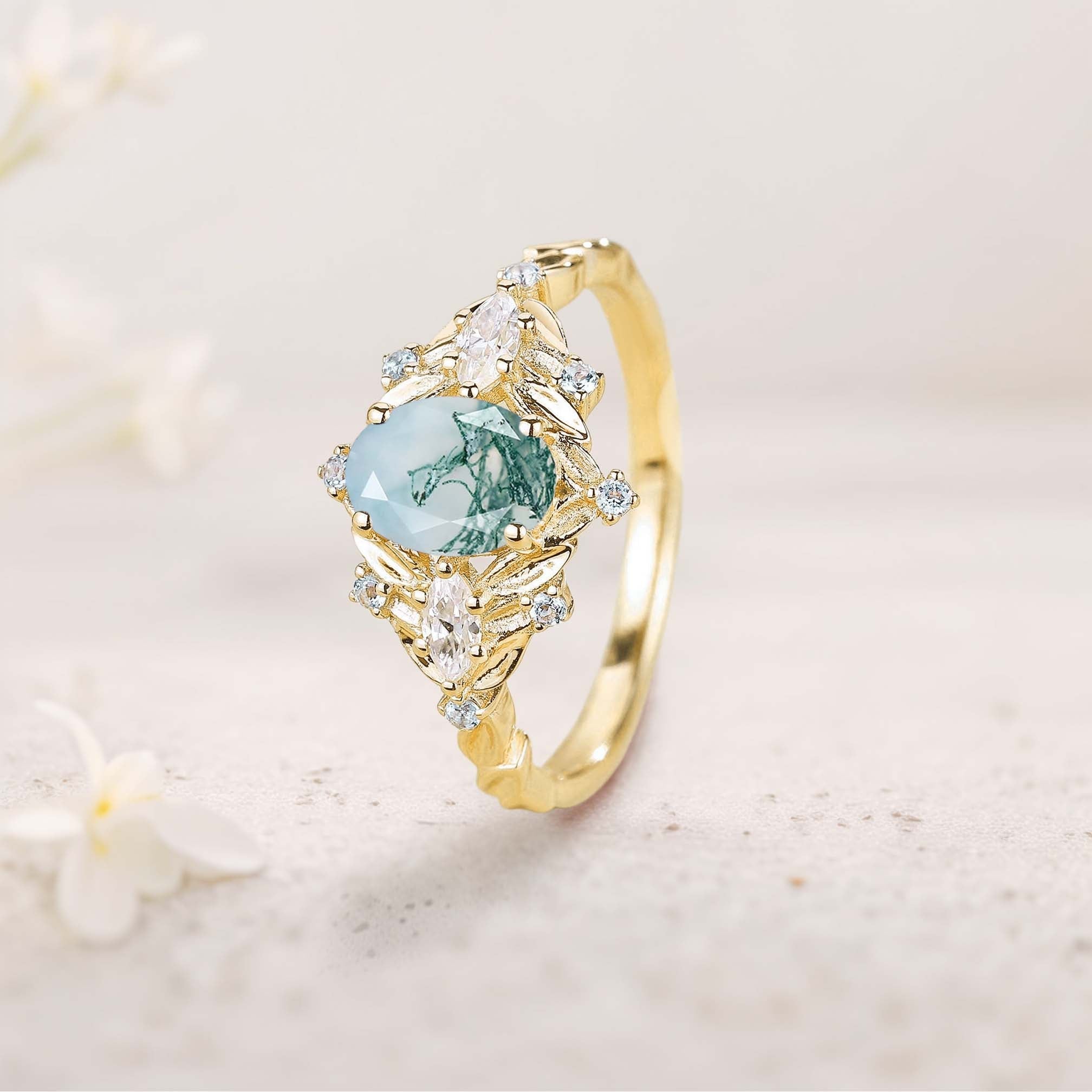 Unique floral engagement rings Oval Moss Agate Fairy 18K Yellow Gold Engagement Ring Art Deco Blue Topaz Cluster Wedding Ring
