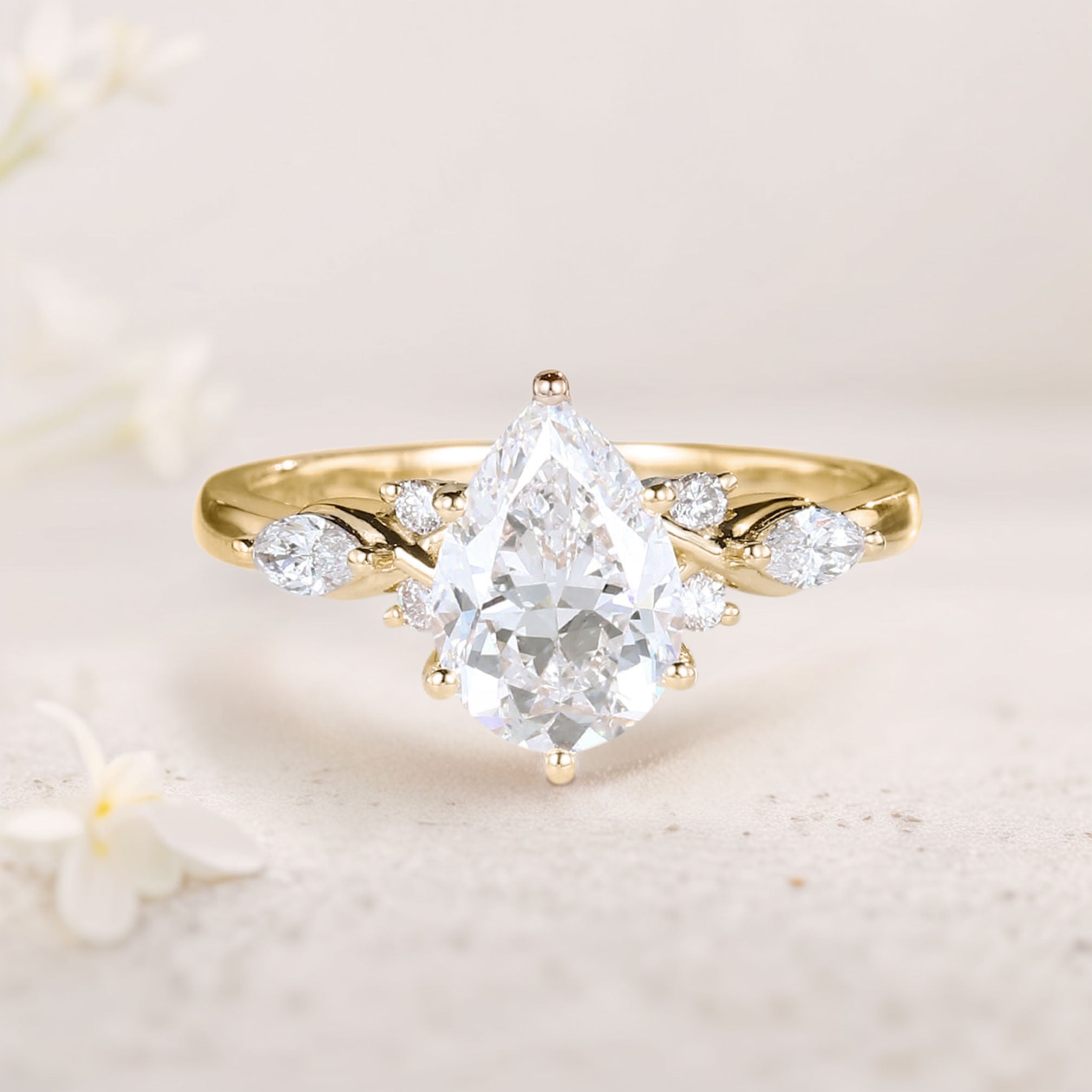 Unique Pear Moissanite Twist Ring 18K Yellow Gold Engagement Ring