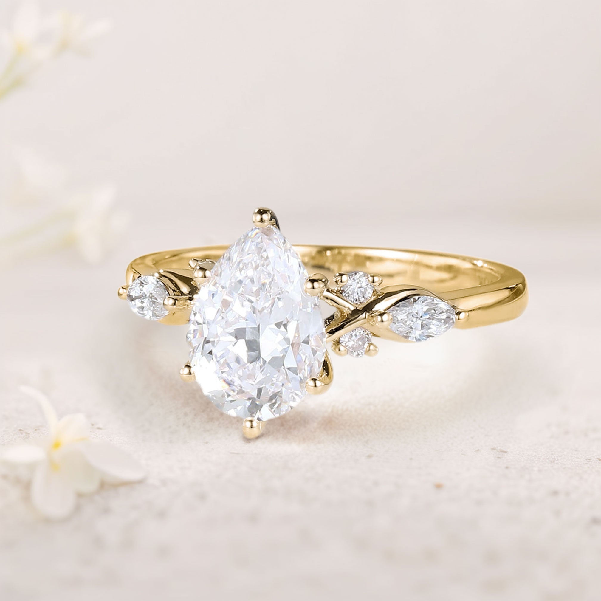 Unique Pear Moissanite Twist Ring 18K Yellow Gold Engagement Ring