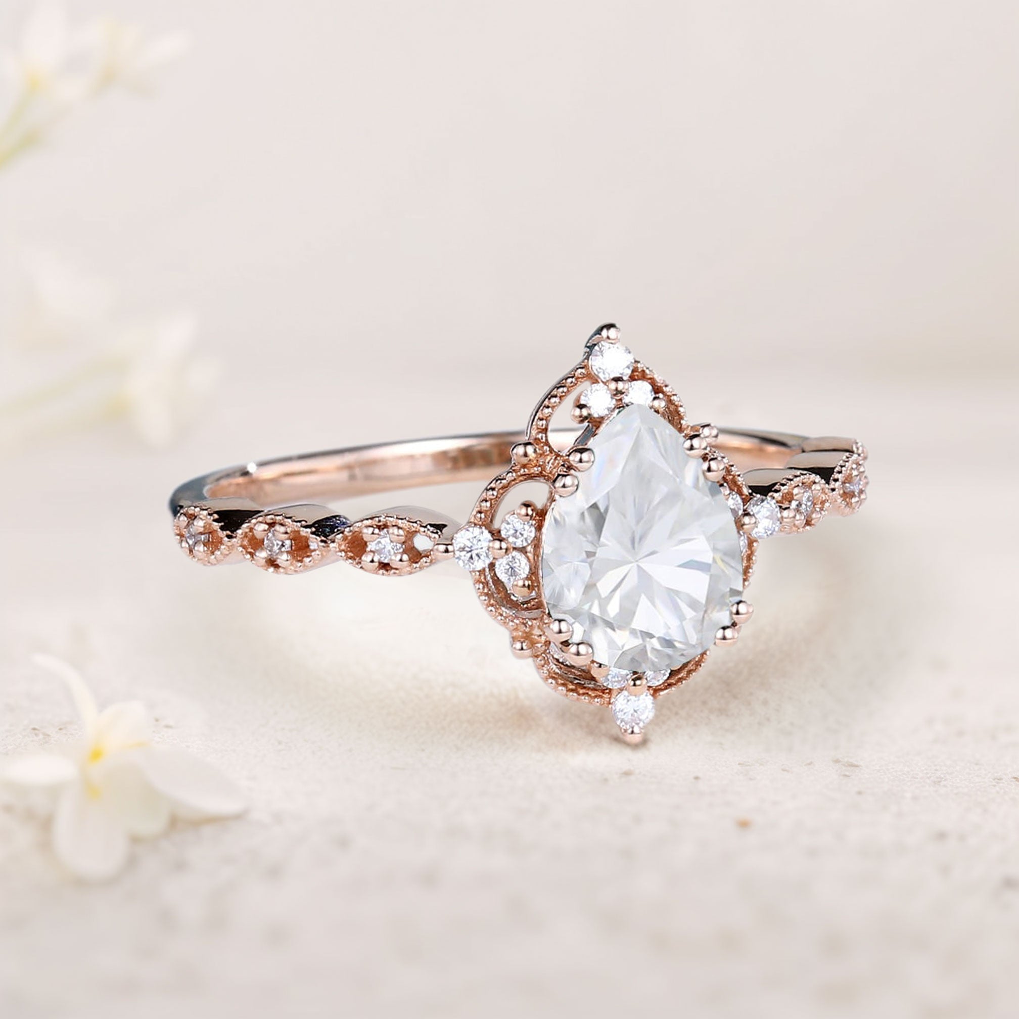 Vintage Pear Moissanite 18K Rose Gold Engagement Ring Bridal Ring