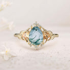 Unique Pear Moss Agate Leaf Ring 18K Yellow Gold Engagement Ring