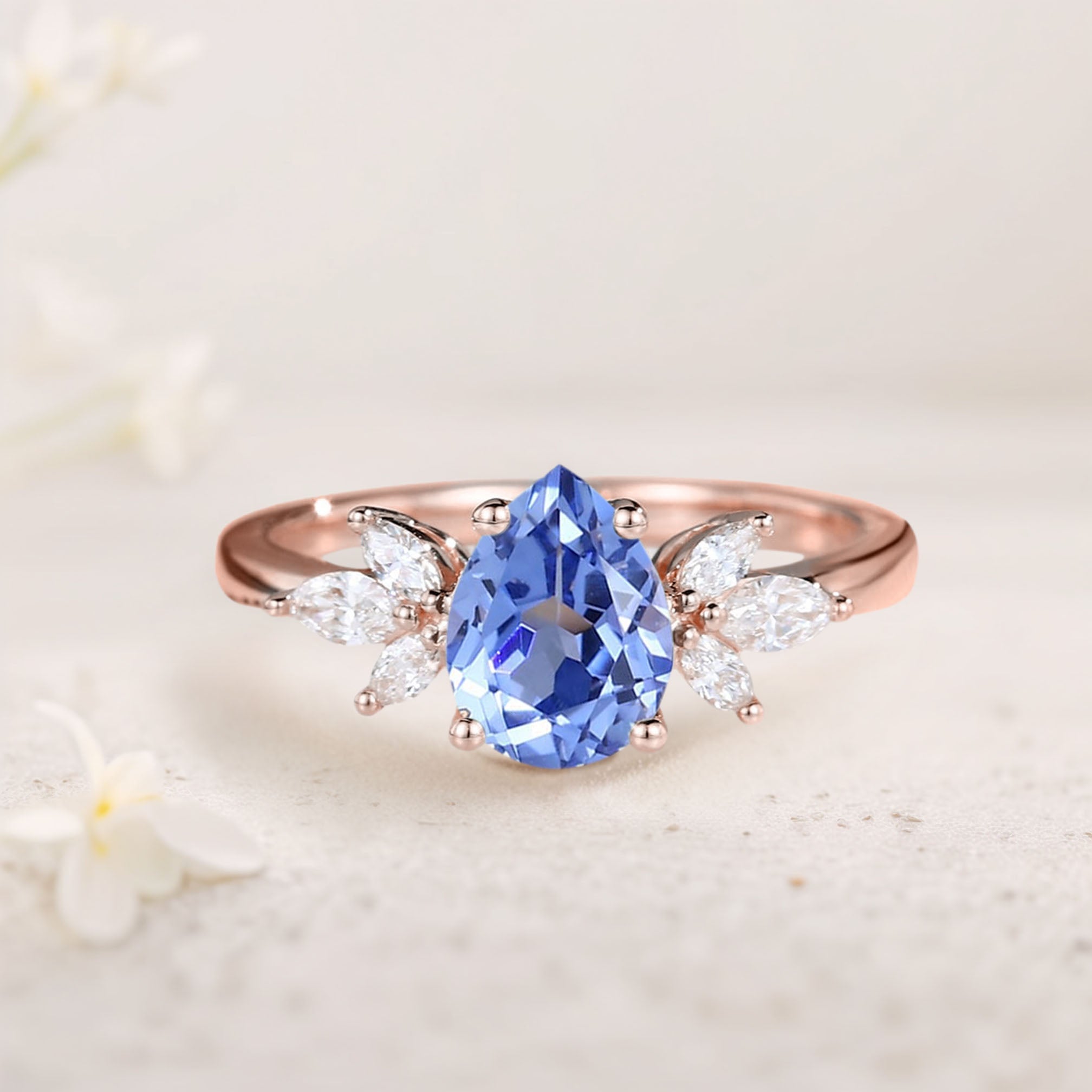 Unique Pear Lab Sapphire 18K Rose Gold Engagement Ring Simple Cluster Bridal Ring