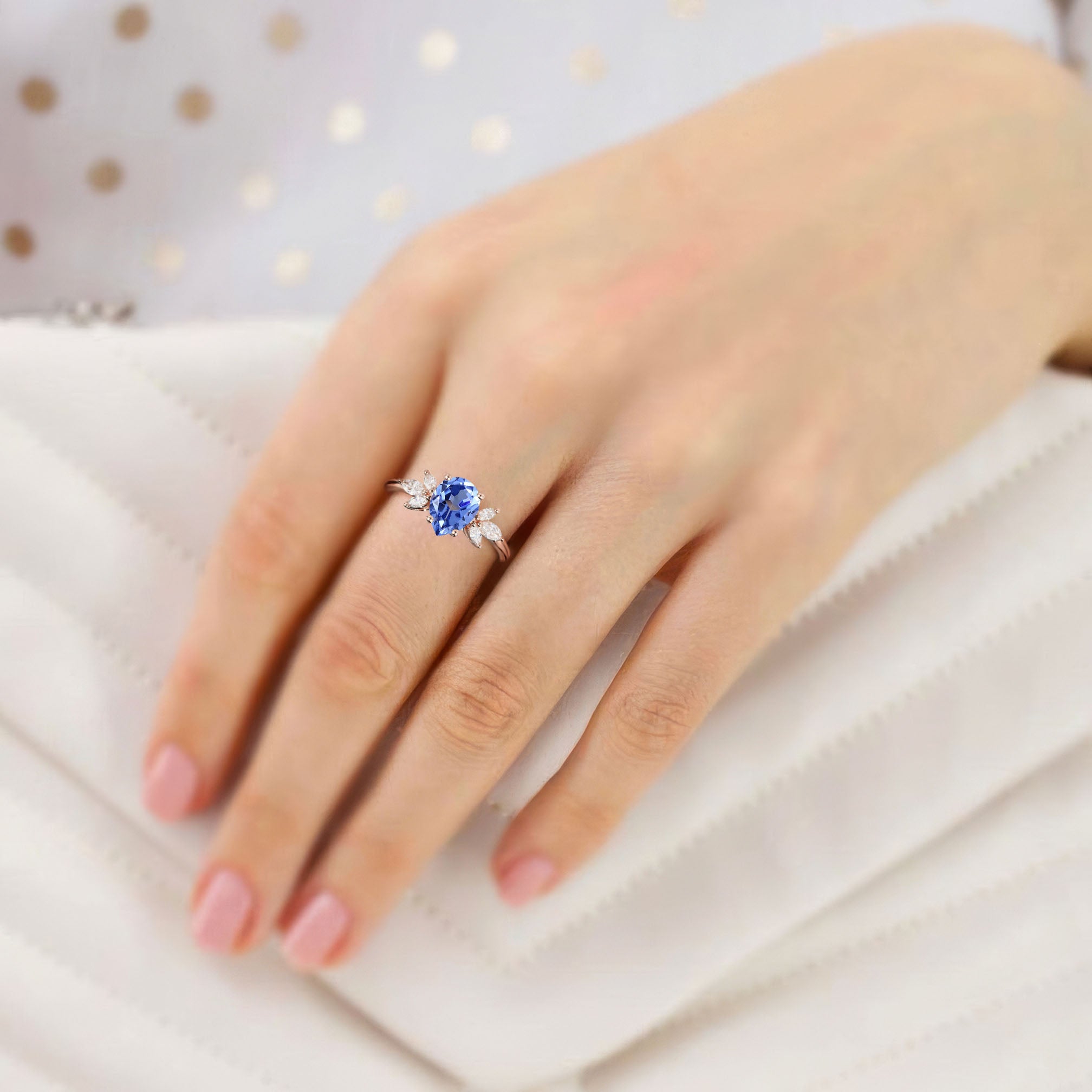 Unique Pear Lab Sapphire 18K Rose Gold Engagement Ring Simple Cluster Bridal Ring