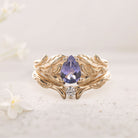 Unique floral engagement rings Pear Purple Lab Tanzanite 18K Yellow Gold engagement ring with Moissanite wedding Set