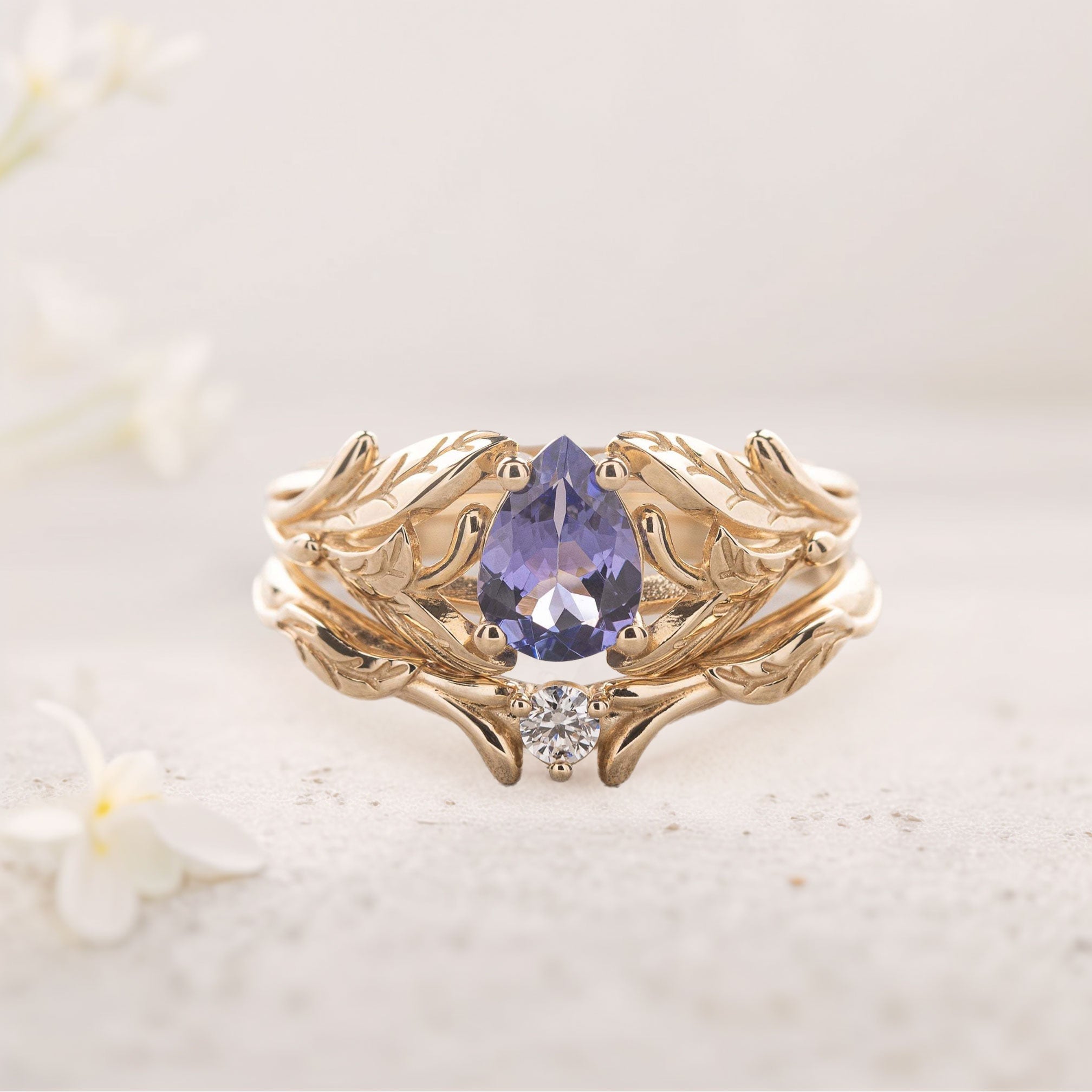 Unique floral engagement rings Pear Purple Lab Tanzanite 18K Yellow Gold engagement ring with Moissanite wedding Set
