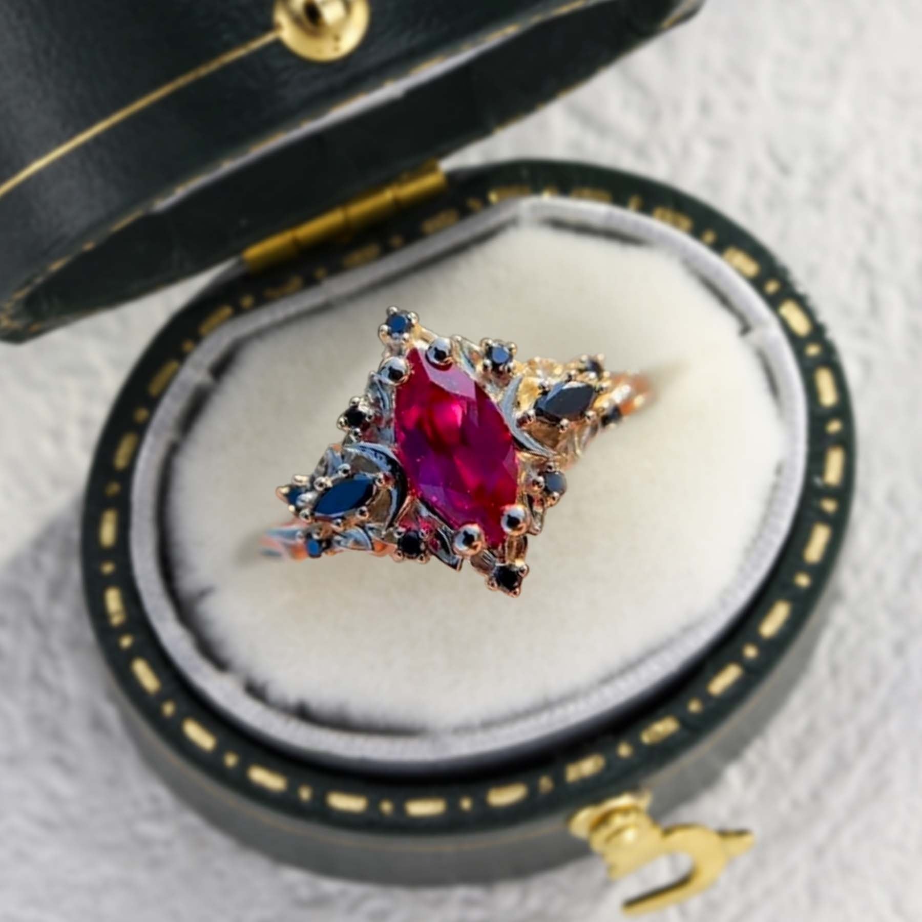 Unique floral engagement rings Moon Marquise Lab Ruby and Black Onyx 18K Yellow Gold Anniversary Ring